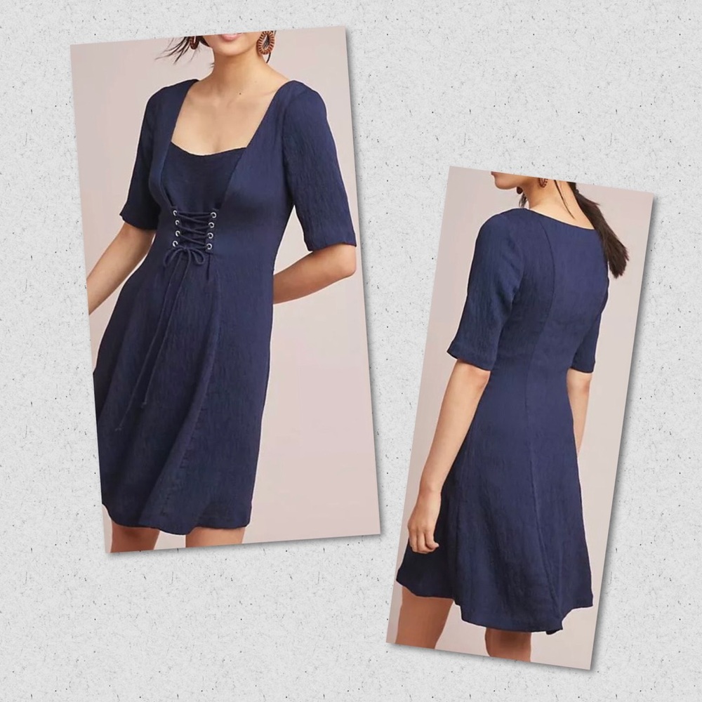 MAEVE Anthropologie Navy Blue Juliet Corset Short Sleeve  Knee Length Dress 12